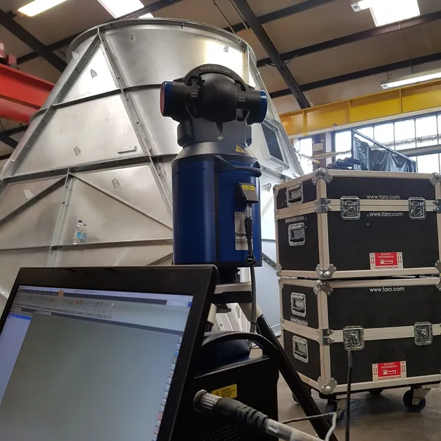 Faro Si laser tracker being sing to inspect and validate a large sheet steel construction